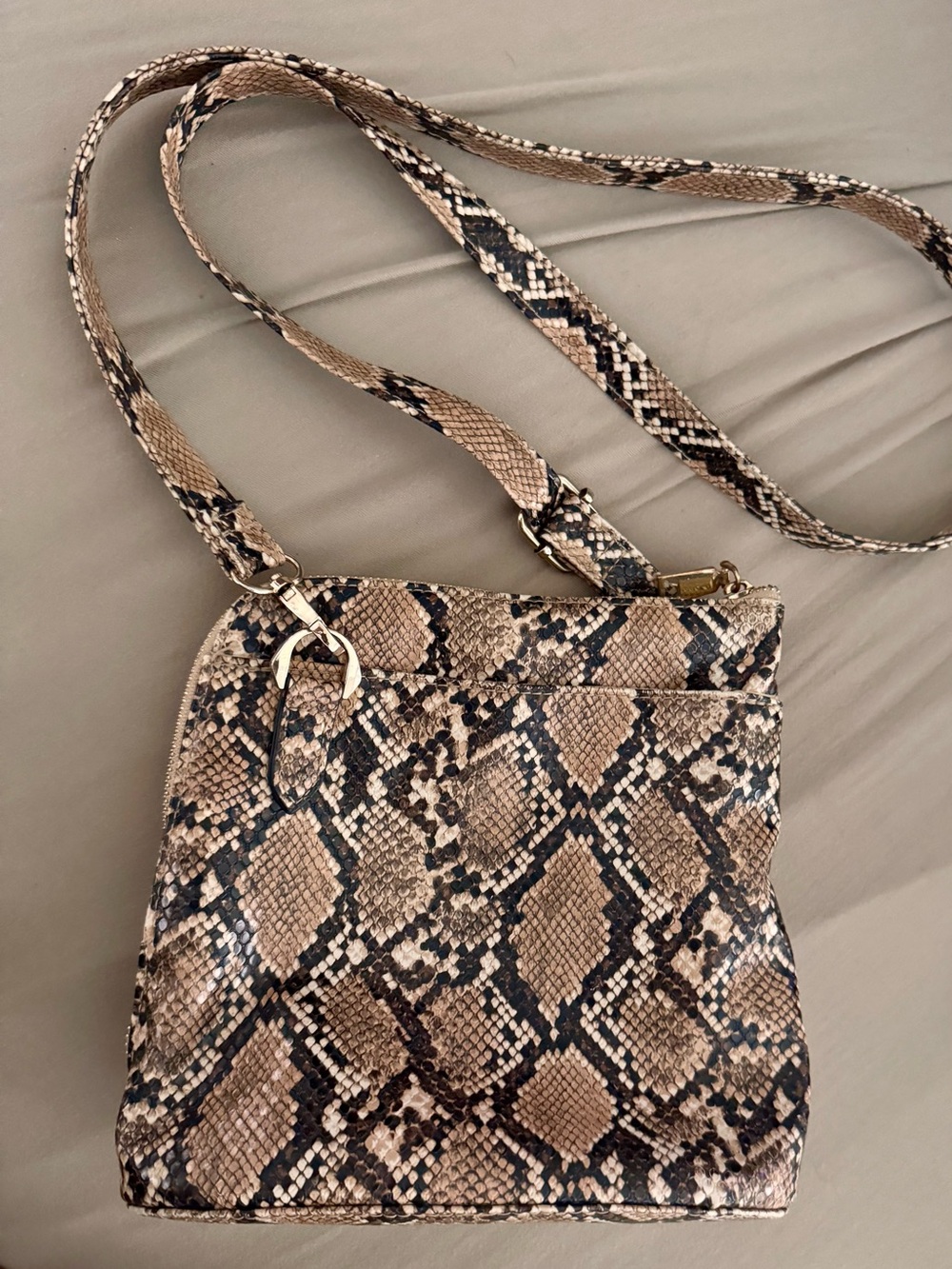 Snake-Print Crossbody Bag in Beige